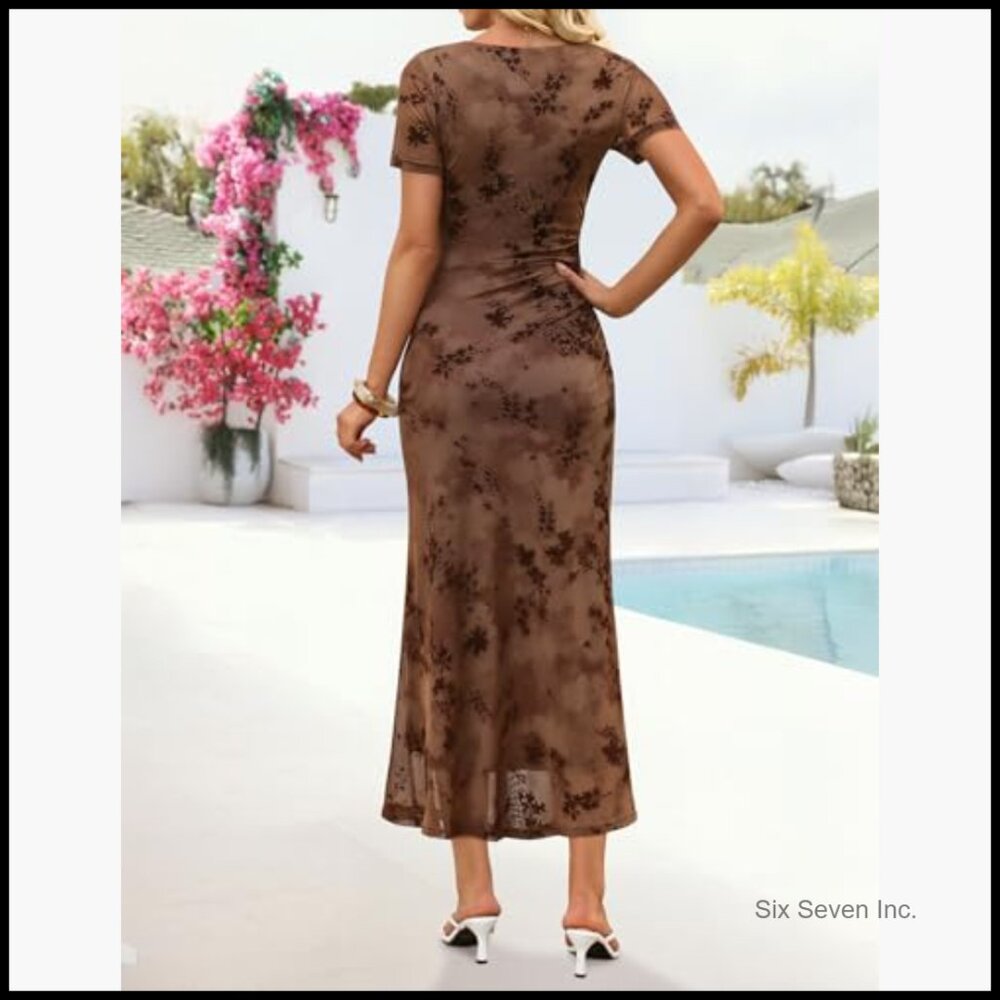 Floral Mesh Bodycon Maxi Dress for Cocktail Party Wedding Guest - Picture 6 of 7